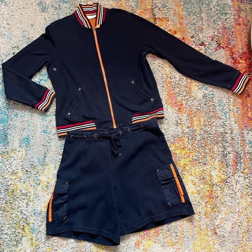 Navy nautical Jacket Shorts Set with Striped Accents M 100% cotton prep coastal